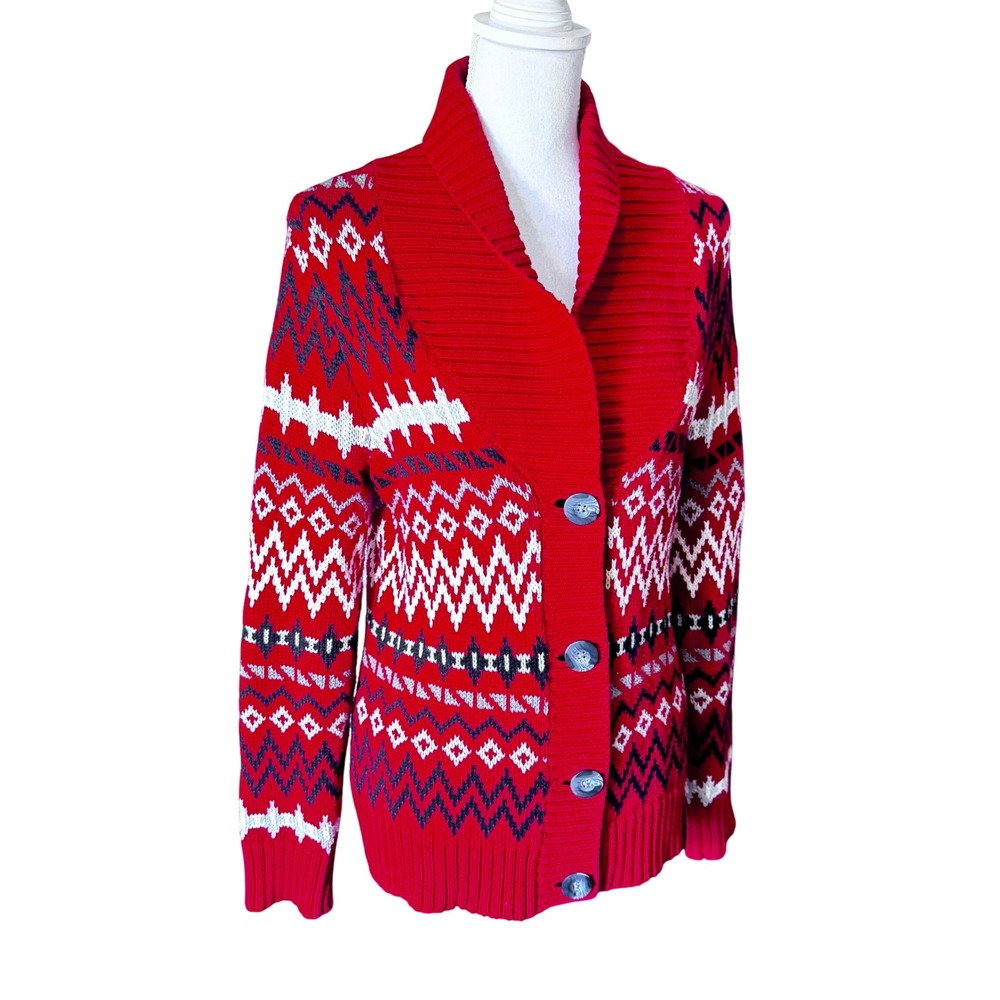 Bass G.H. Bass & Co Women's Red Fair Isle Cotton Shawl Collar Cardigan Sweater M - Picture 5 of 13